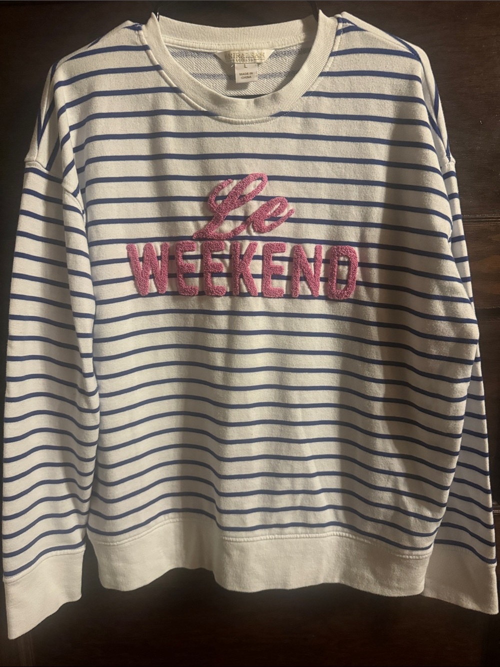 Shiraleah White & Blue Striped "Le Weekend" Embroidered Sweatshirt